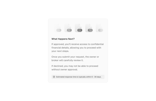 An informational screen explaining the approval process for accessing confidential financial details of a business listing.