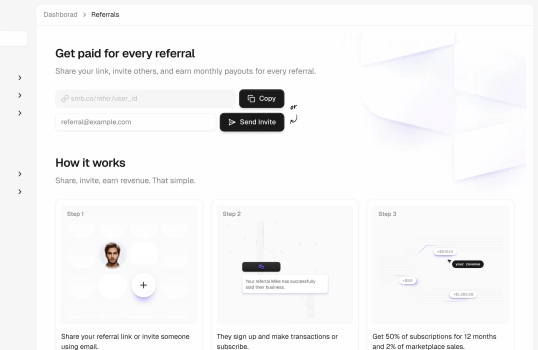 A referral page allowing users to invite others and earn revenue through referrals, with step-by-step instructions.